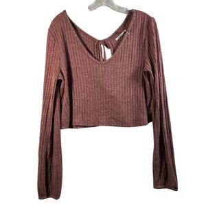Kimchi Blue Ribbed Knit Cropped Tie Back Long Sleeve Top‎ Dusty Rose Size M